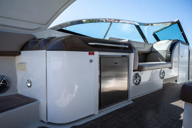 Knot Again Yacht Photos Pics 2018 Formula 350 Crossover Bowrider OB interior with seating and stainless steel features.