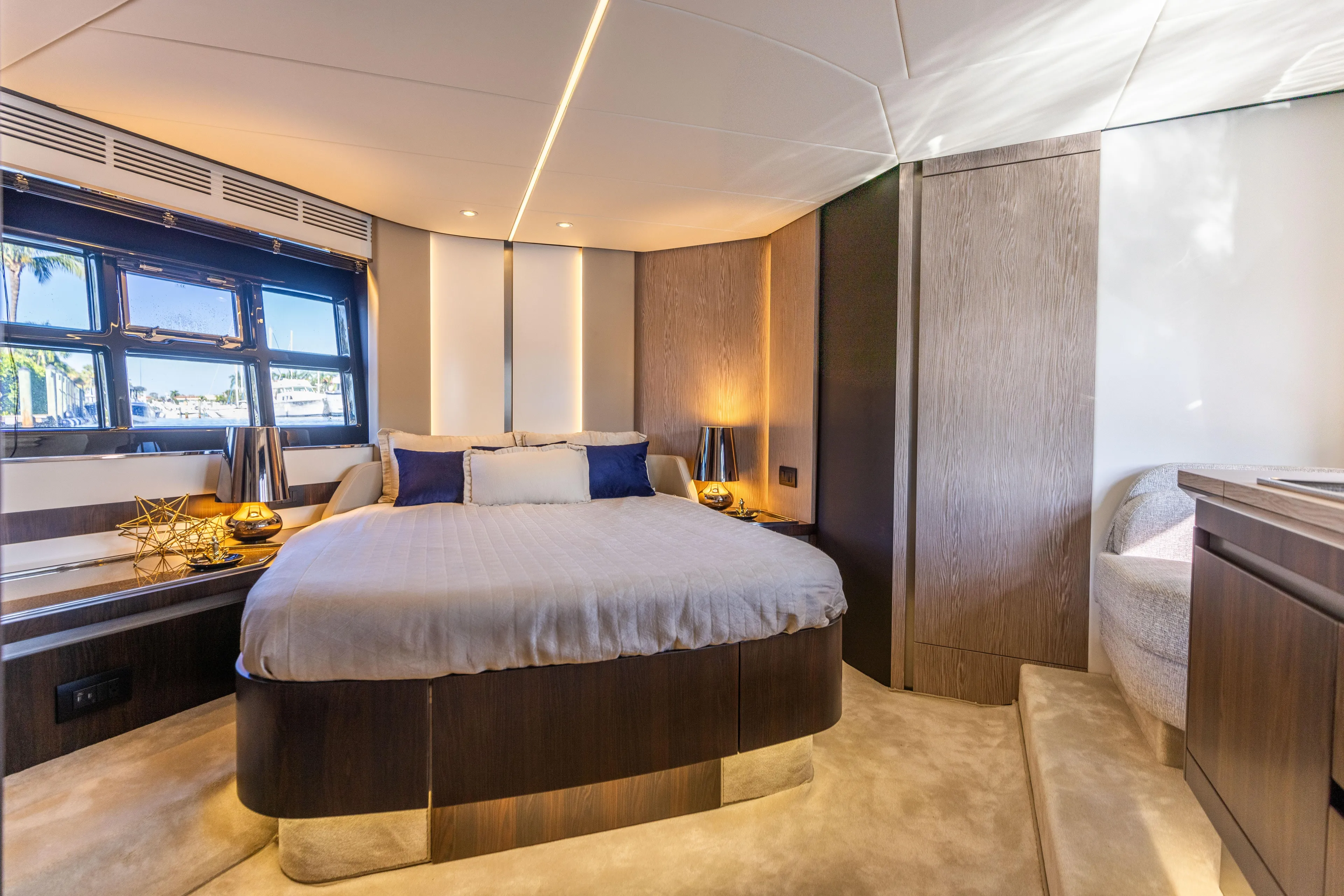  Yacht Photos Pics Luxurious bedroom interior of 2021 Azimut S6 Sportfly yacht with modern design elements.