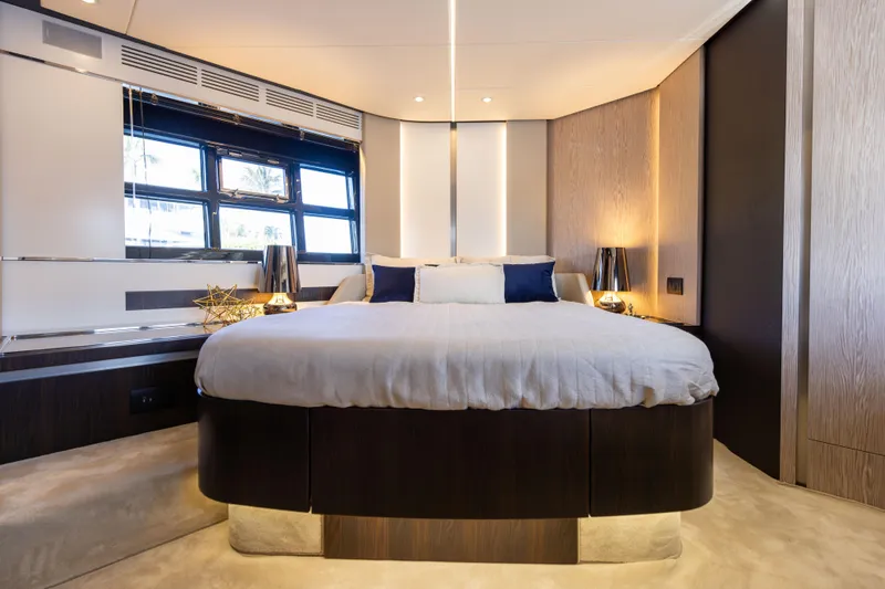  Yacht Photos Pics Luxurious bedroom interior of 2021 Azimut S6 Sportfly yacht with modern design elements.