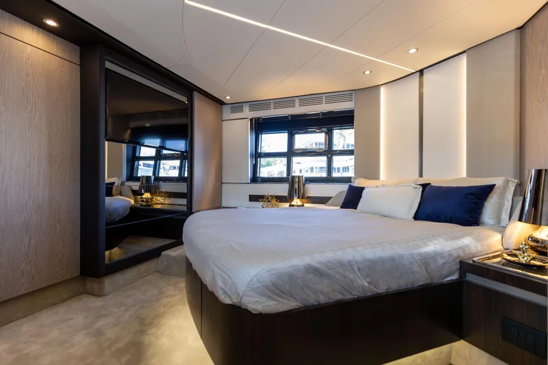  Yacht Photos Pics Luxurious bedroom interior of 2021 Azimut S6 Sportfly yacht with modern design.