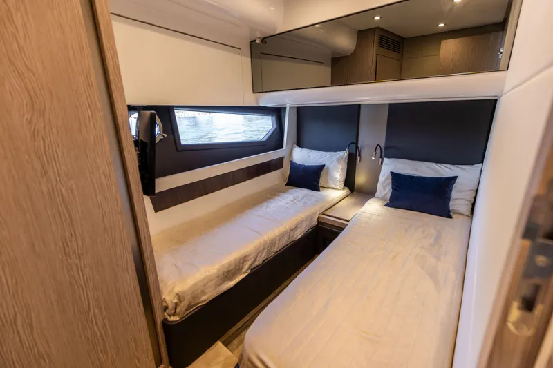  Yacht Photos Pics Luxurious twin cabin interior of 2021 Azimut S6 Sportfly yacht.