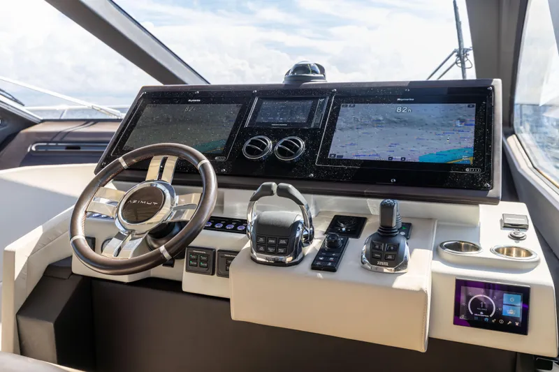  Yacht Photos Pics Cockpit of 2021 Azimut S6 Sportfly yacht with advanced navigation controls and displays.