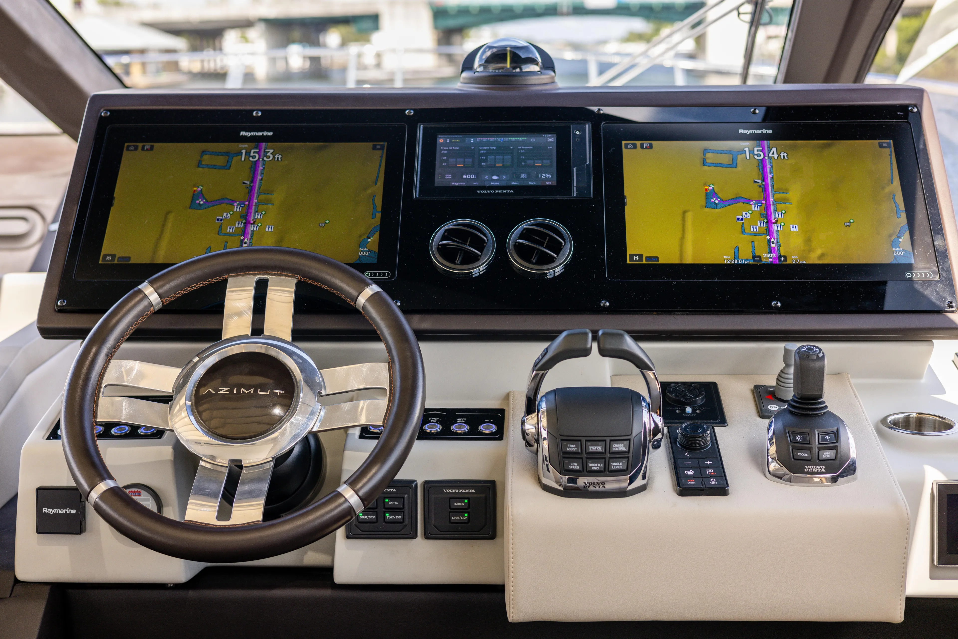  Yacht Photos Pics Cockpit of 2021 Azimut S6 Sportfly yacht with advanced navigation displays and controls.