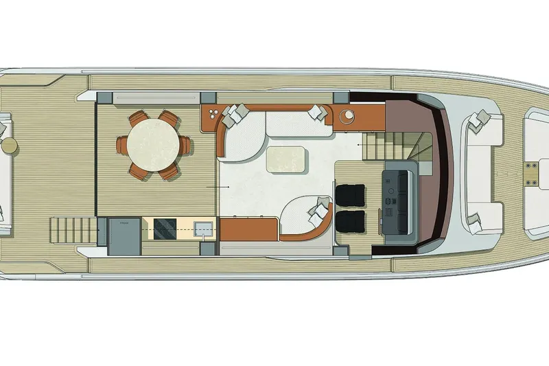  Yacht Photos Pics Floor plan of 2026 Cranchi 62 yacht, featuring spacious interior layout and seating areas.