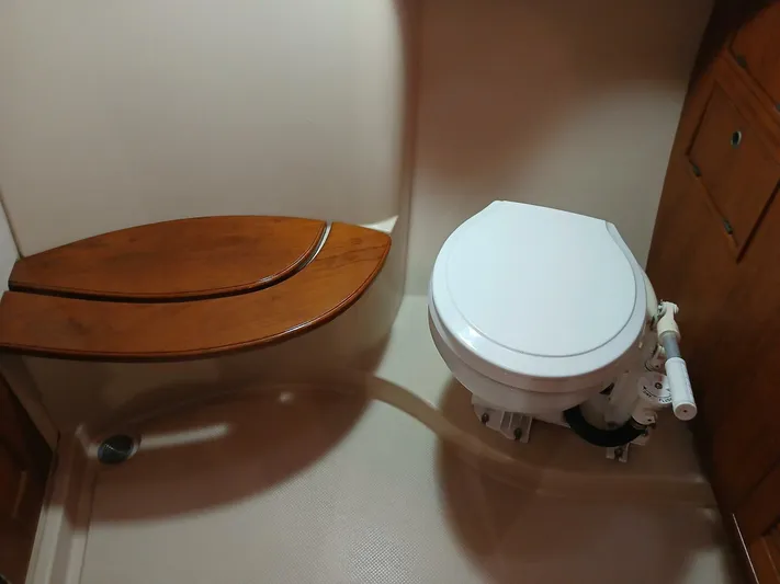 Wonderwind Yacht Photos Pics 1999 Island Packet 45 yacht bathroom with wooden seat and marine toilet.