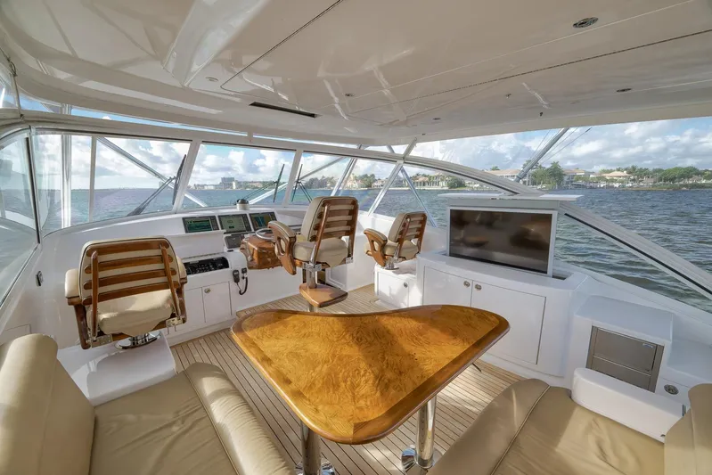 Magadi Yacht Photos Pics Luxurious 2015 Ritchie Howell Express yacht interior with helm, seating, and ocean view.