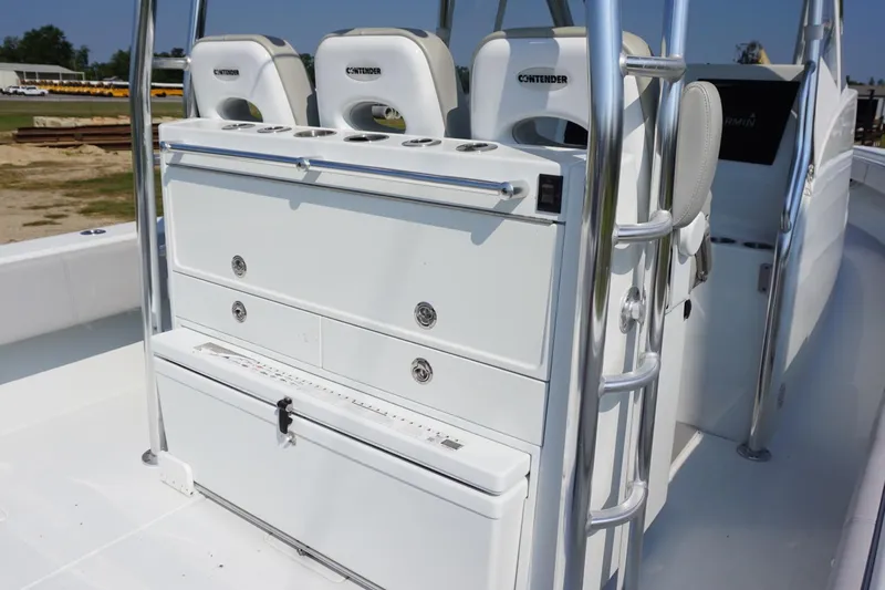  Yacht Photos Pics 2022 Contender 39 Fisharound boat interior with seating and storage compartments.