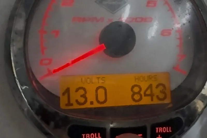  Yacht Photos Pics Gauge display showing 13 volts and 843 hours on a 2007 Fountain 33 Sportfish Cruiser.