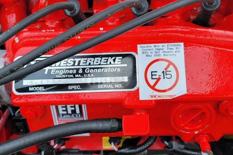  Yacht Photos Pics Close-up of Westerbeke engine label on 2007 Fountain 33 Sportfish Cruiser, warning against E-15 fuel use.