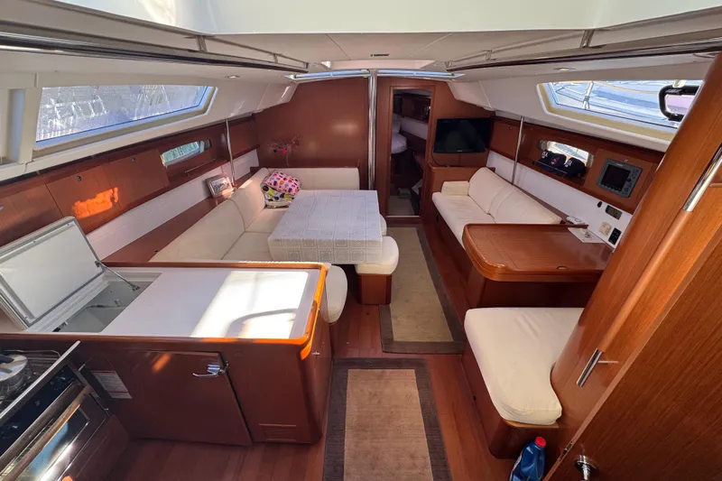 Wakadui Yacht Photos Pics Luxurious interior of a 2009 Benetea 49 yacht with elegant wood finishes.