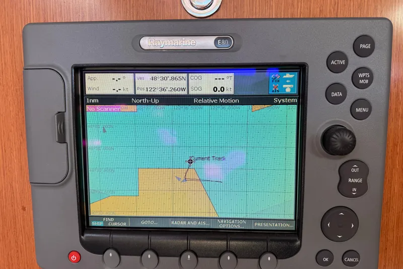 Wakadui Yacht Photos Pics Raymarine E80 navigation system on a 2009 Benetea 49 yacht, displaying nautical chart.