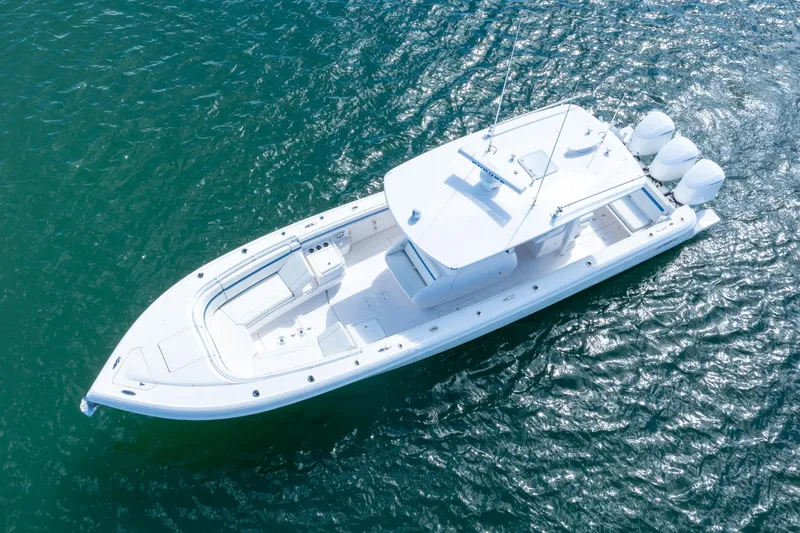  Yacht Photos Pics 2017 Intrepid 375 Center Console boat on open water, aerial view.