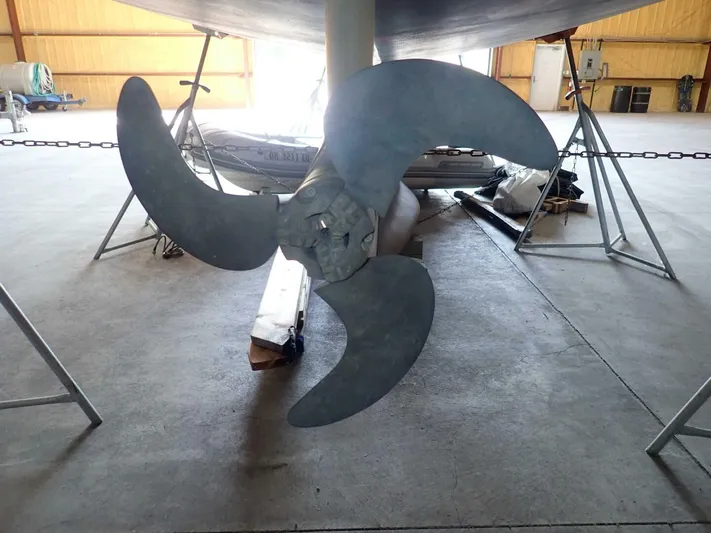 Yacht Photos Pics Propeller of a 2011 Tartan 4300 sailboat in a storage facility.