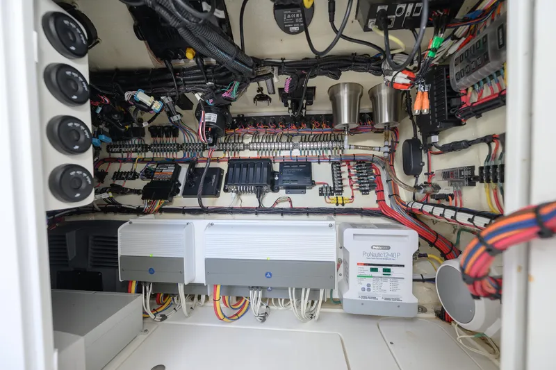  Yacht Photos Pics Electrical system of a 2021 SeaVee 390Z boat, showcasing wiring and components.