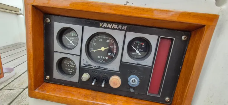 Blue Skies Yacht Photos Pics Control panel of a 1990 Able Chuck Paine Sloop with Yanmar engine gauges.