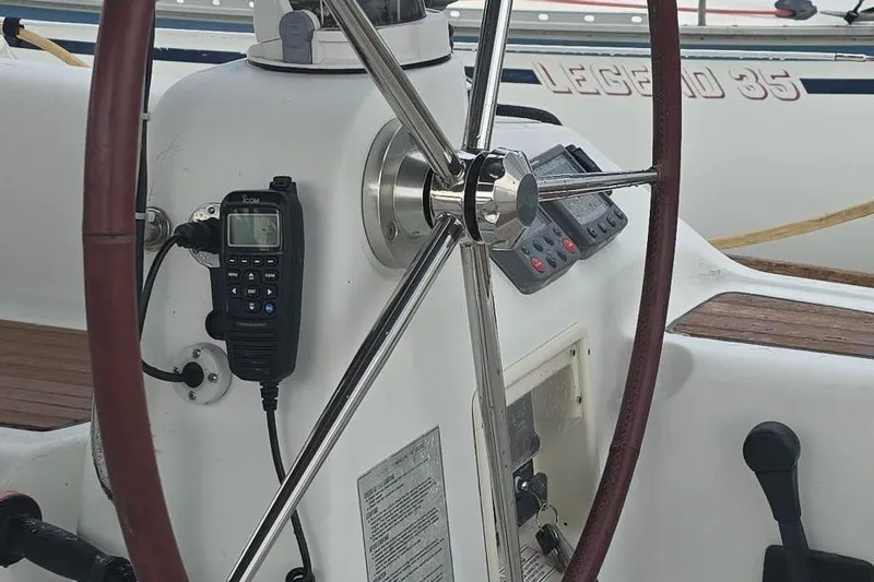 Farenheight Yacht Photos Pics Steering wheel and controls of a 2008 Beneteau Oceanis 40 sailboat.