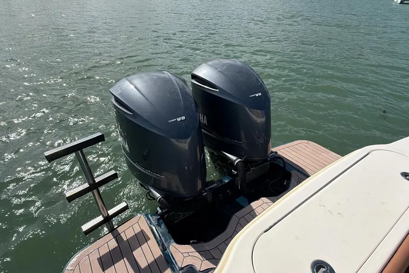  Yacht Photos Pics 2015 Scout 350 LXF boat with twin Yamaha V8 outboard engines on water.