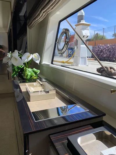 Murano Yacht Photos Pics Interior of 2018 Azimut 72 FLY yacht with elegant decor and large window view.