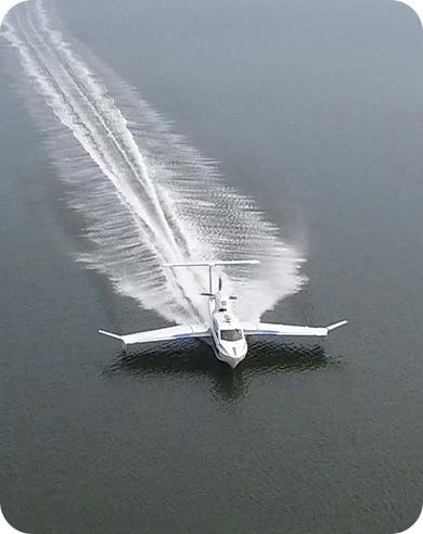 Futuristic Aron M 80 seaplane gliding over water, 2025 model.