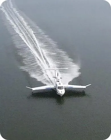 Futuristic Aron M 80 seaplane gliding over water, 2025 model.