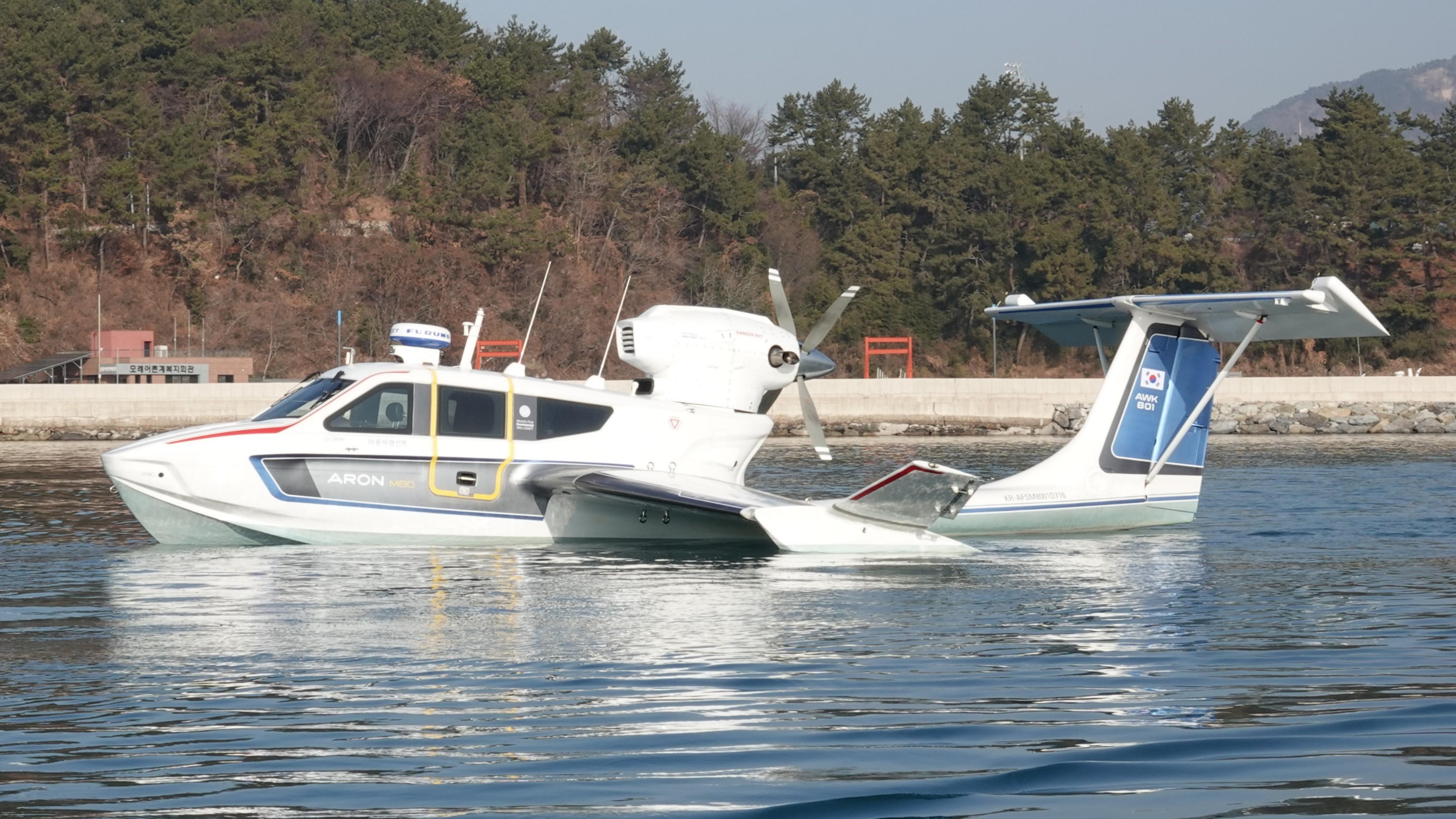 Futuristic Aron M 80 seaplane on water, 2025 model, with forested shoreline background.
