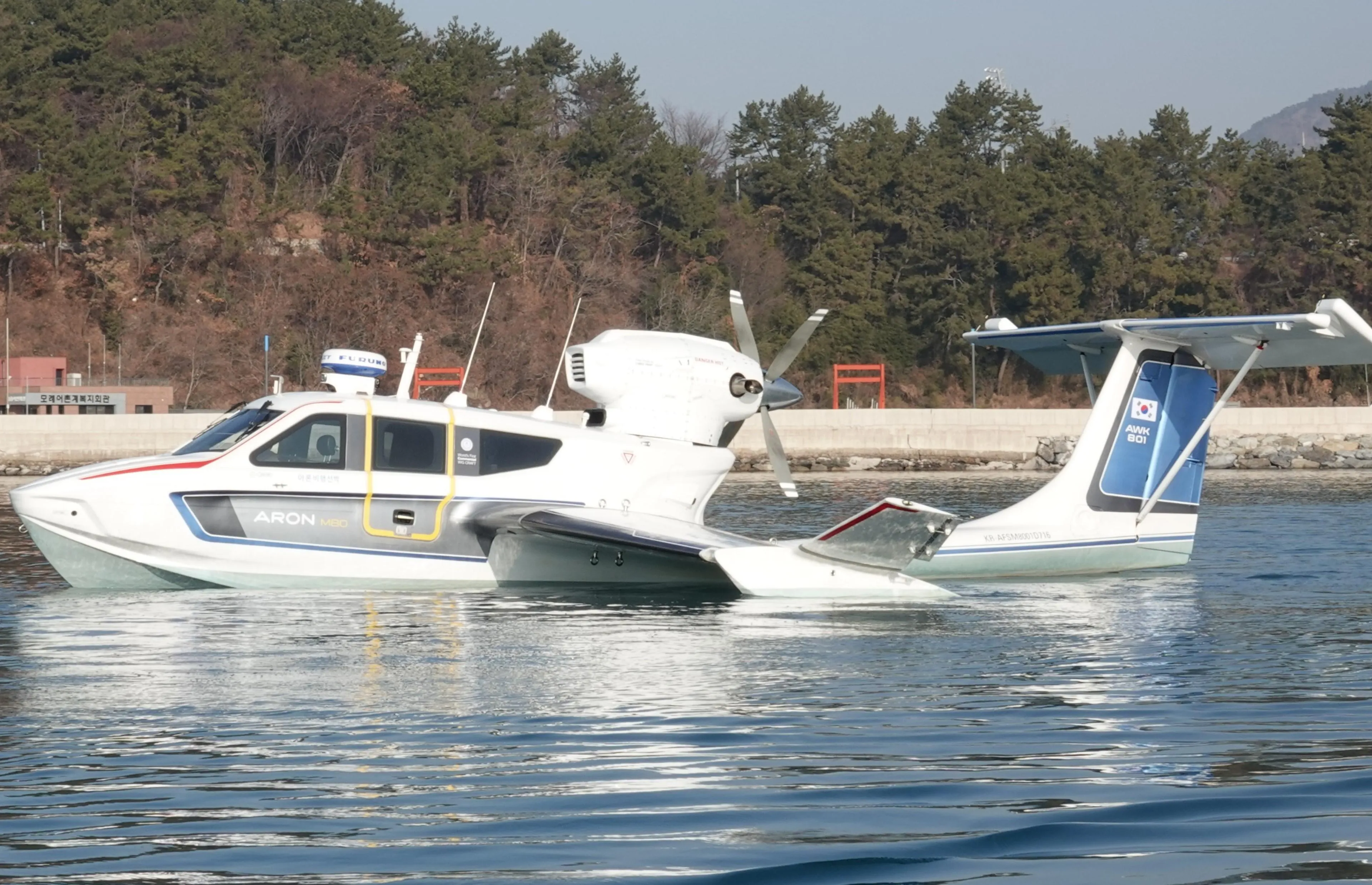 Futuristic Aron M 80 seaplane on water, 2025 model, with forested shoreline background.