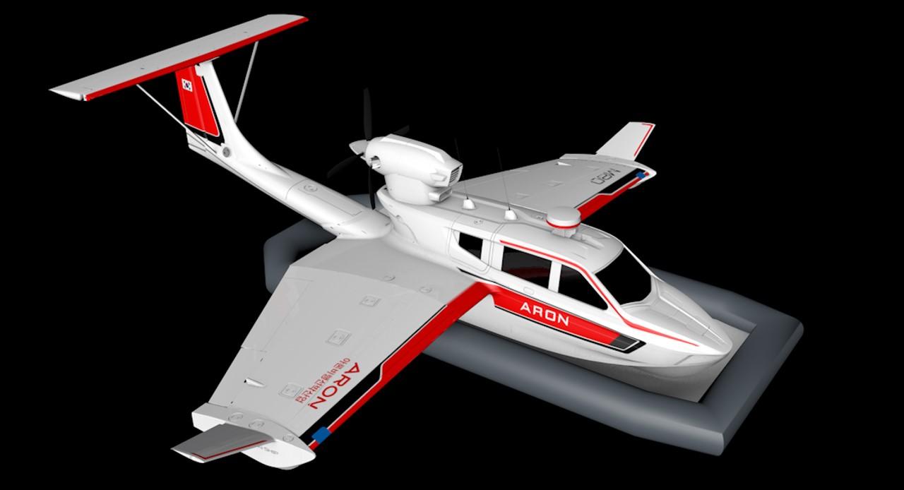 Futuristic Aron M 80 seaplane, 2025 model, with sleek design and red accents.