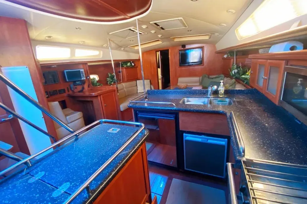 Luxurious interior of 2012 Hunter Aft Cockpit 50 yacht with modern amenities.