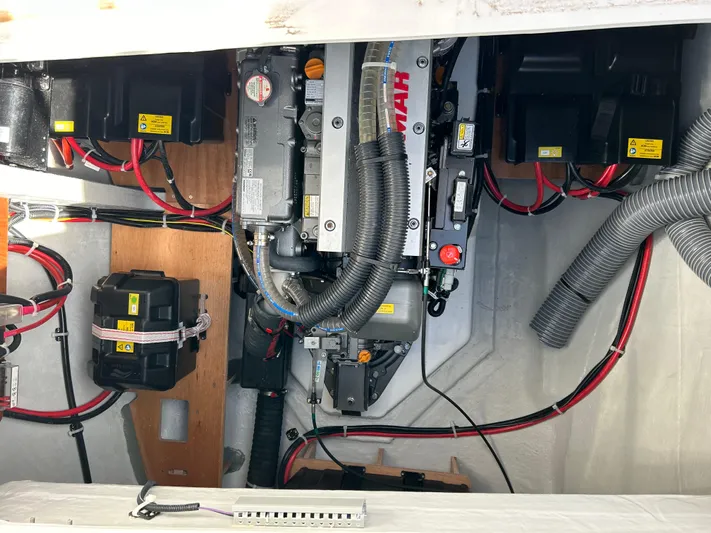  Yacht Photos Pics Engine compartment of 2024 Lagoon 46 yacht with wiring and components.