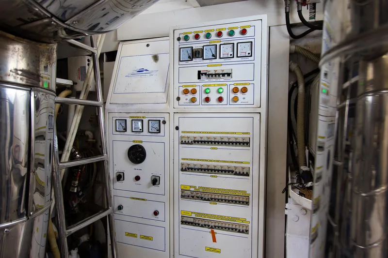 Julia Too Yacht Photos Pics Electrical control panel in the engine room of a 2002 Azimut 70 Sea Jet yacht.