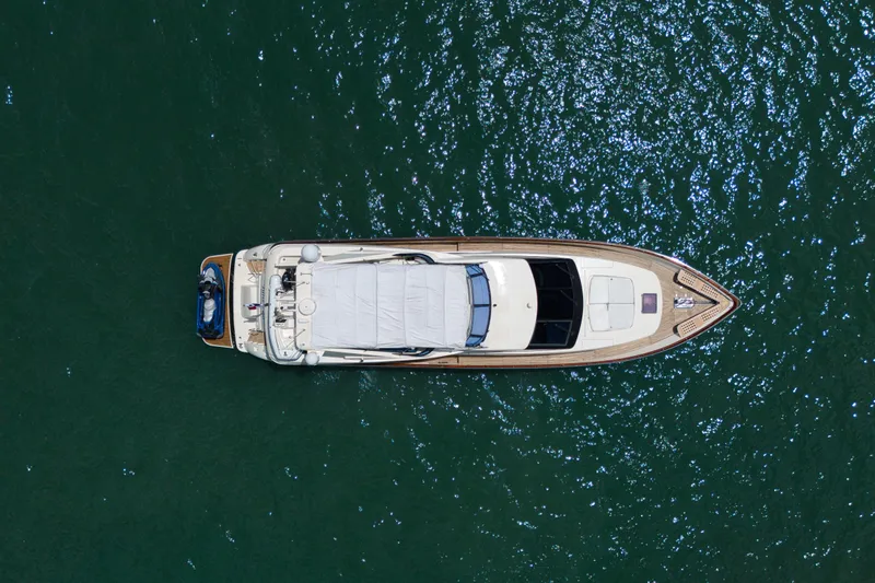 Julia Too Yacht Photos Pics Overhead view of 2002 Azimut 70 Sea Jet yacht on sparkling water.