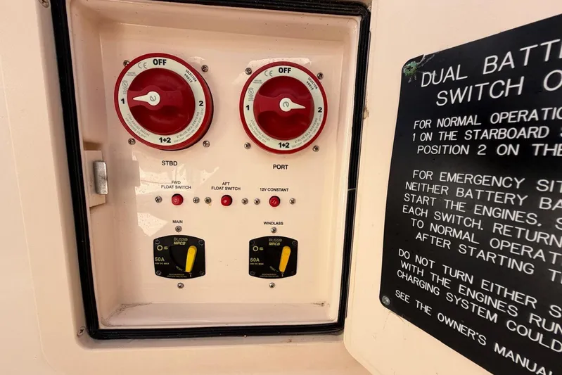  Yacht Photos Pics Control panel of a 2021 Grady-White Canyon 326 boat with dual battery switches.