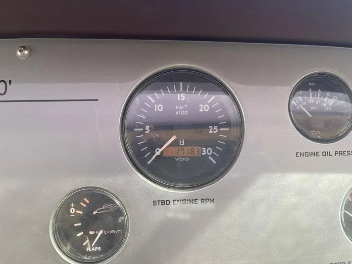  Yacht Photos Pics Instrument panel of a 2008 Dalla Pieta 80 yacht showing engine RPM and oil pressure gauges.