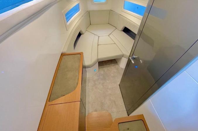 2027 Schaefer V34 boat interior with modern seating and sleek design.