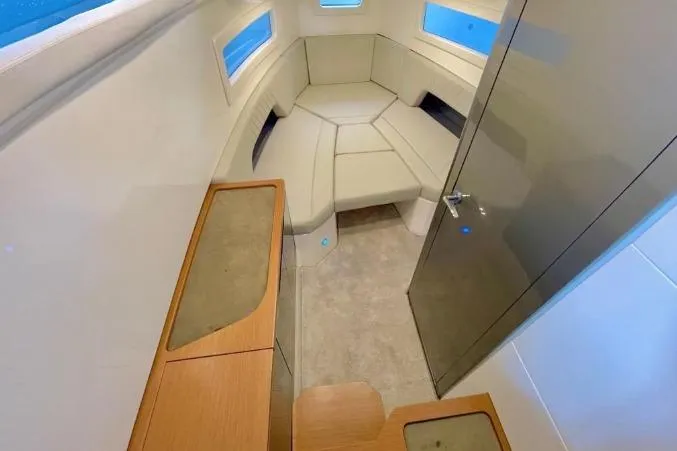 2027 Schaefer V34 boat interior with modern seating and sleek design.
