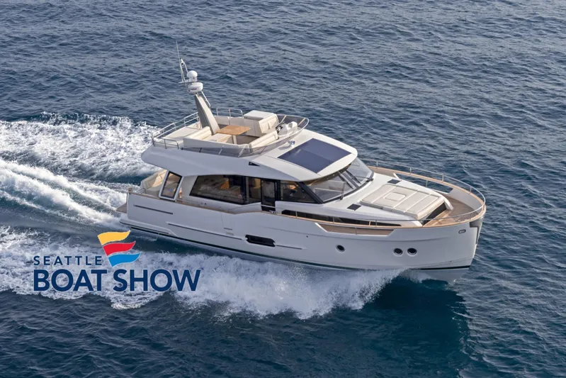 No Wa Sales Tax! Yacht Photos Pics 2024 Greenline 48 Fly yacht cruising at Seattle Boat Show.