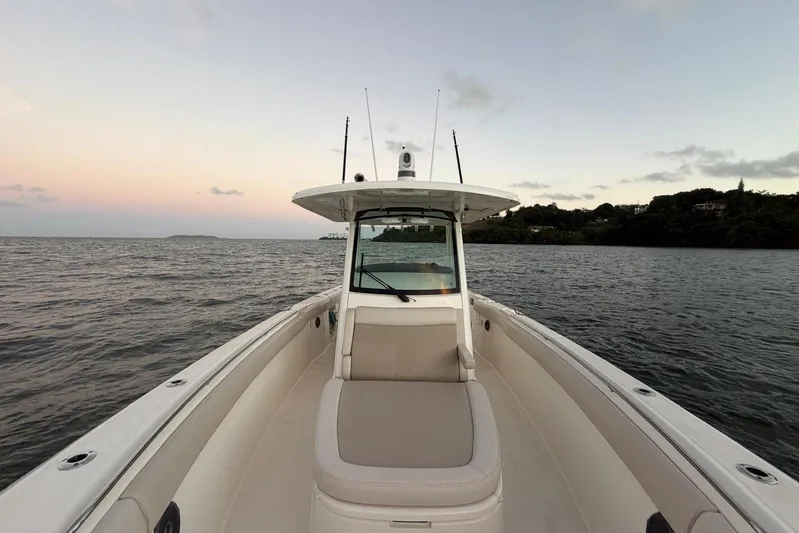  Yacht Photos Pics 2017 Boston Whaler 330 Outrage boat on calm water at sunset.