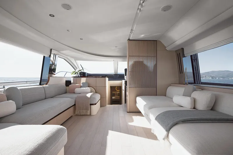  Yacht Photos Pics Luxurious interior of 2024 Azimut 68 yacht with modern design and panoramic windows.