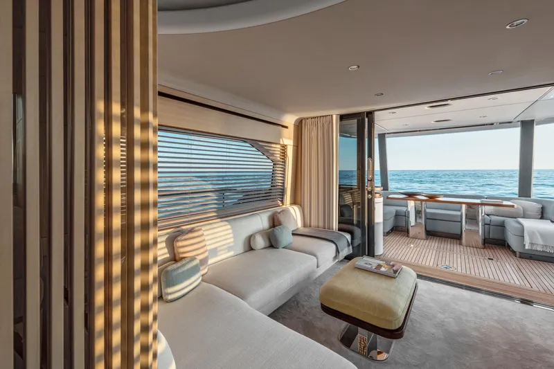  Yacht Photos Pics Luxurious interior of 2024 Azimut 68 yacht with ocean view and elegant seating area.