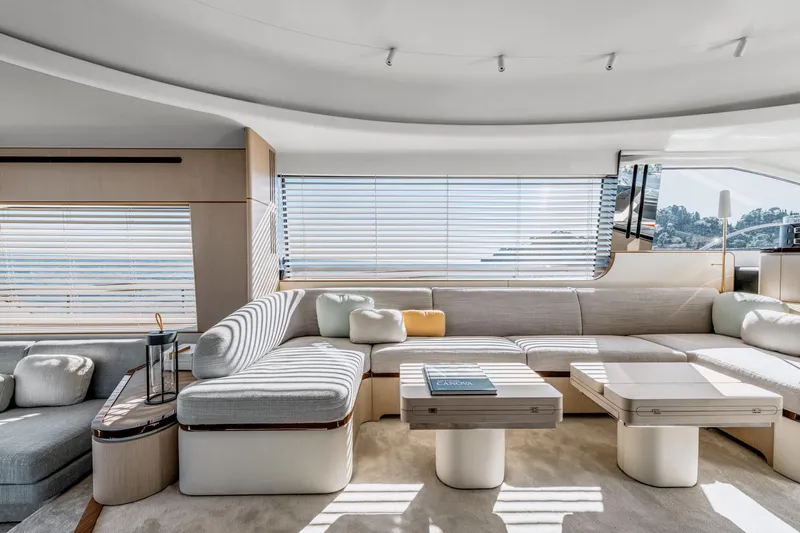  Yacht Photos Pics Luxurious interior of 2024 Azimut 68 yacht with modern seating and elegant decor.
