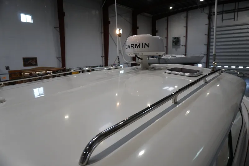 Halcyon Yacht Photos Pics 2006 Back Cove 29 boat with Garmin radar in a storage facility.