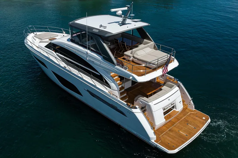 Miss Amy Yacht Photos Pics Luxurious 2020 Princess F70 yacht cruising on clear blue waters.