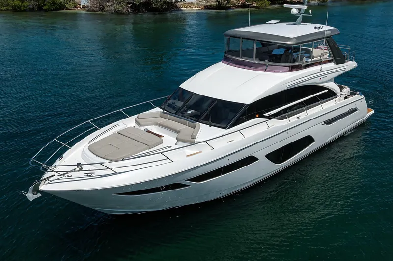 Miss Amy Yacht Photos Pics Luxury 2020 Princess F70 yacht cruising on serene waters.