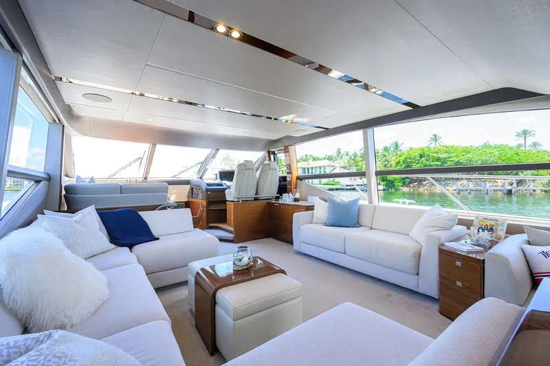 Miss Amy Yacht Photos Pics Luxurious 2020 Princess F70 yacht interior with elegant seating and panoramic windows.