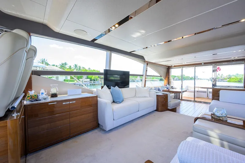 Miss Amy Yacht Photos Pics Luxurious interior of 2020 Princess F70 yacht with elegant seating and panoramic windows.