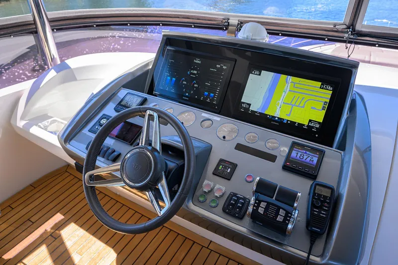 Miss Amy Yacht Photos Pics Cockpit of 2020 Princess F70 yacht with advanced navigation and control systems.