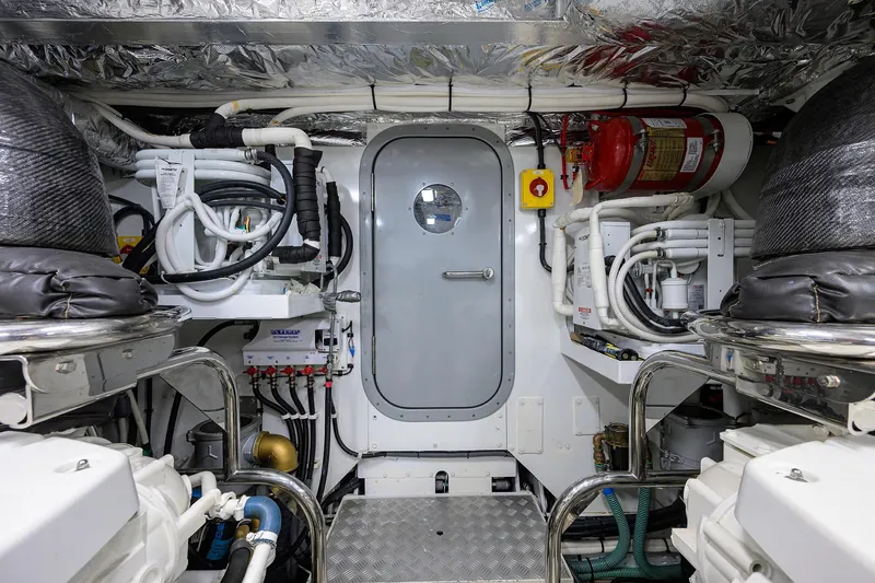 Miss Amy Yacht Photos Pics Engine room of 2020 Princess F70 yacht with advanced equipment and safety features.