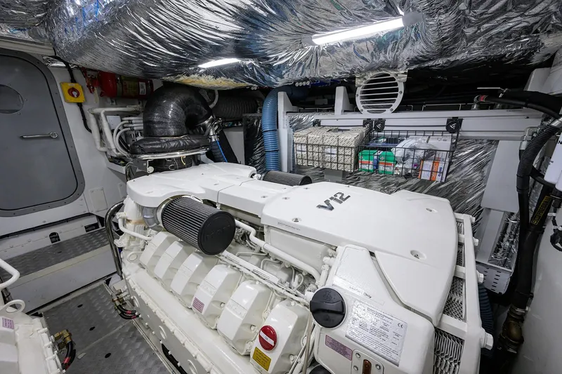 Miss Amy Yacht Photos Pics Engine room of 2020 Princess F70 yacht with V12 engine and metallic insulation.