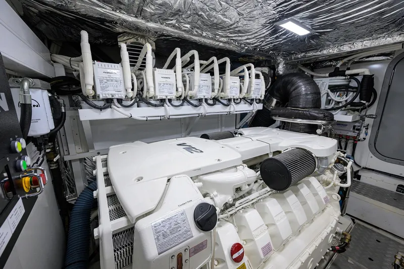 Miss Amy Yacht Photos Pics Engine room of a 2020 Princess F70 yacht, showcasing advanced machinery and equipment.