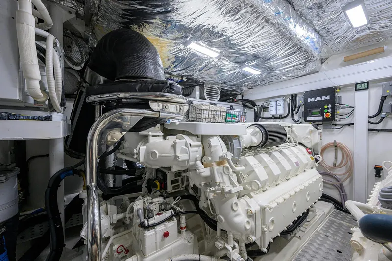 Miss Amy Yacht Photos Pics Engine room of a 2020 Princess F70 yacht with MAN engine components.